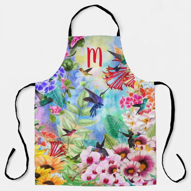 Monogram Humming Birds with Flowers Apron (Front)