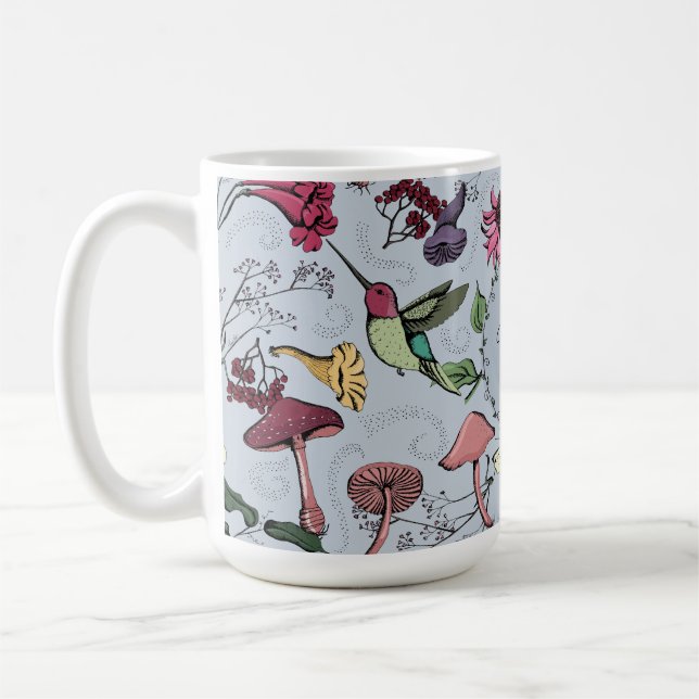 Monogram Hummingbird, Flowers, Mushrooms Garden Coffee Mug (Left)