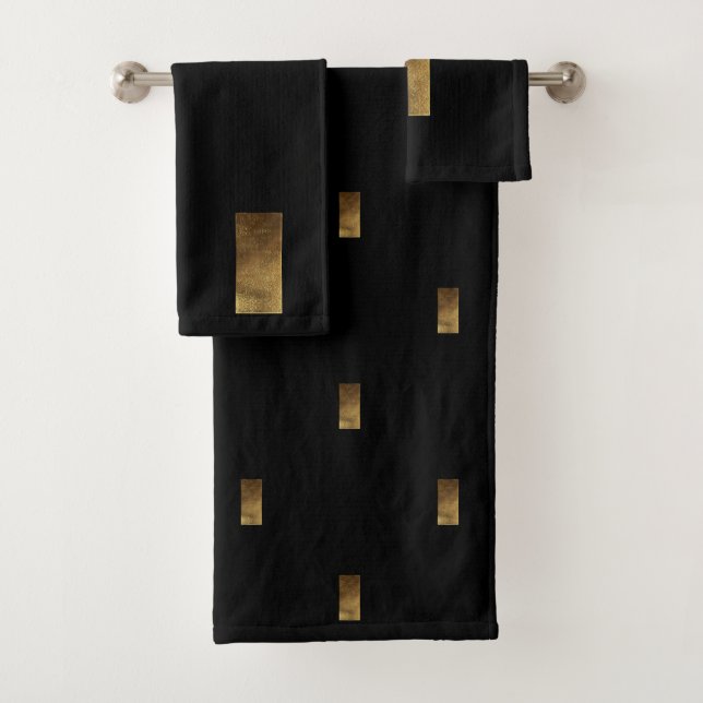 Monogram I Black and Gold Look Elegant Typography Bath Towel Set (Insitu)