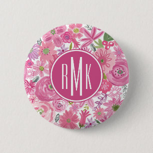 Monogram I Do Pink Watercolor Floral Pattern 2 Inch Round Button
