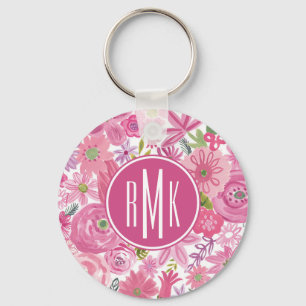 Monogram I Do Pink Watercolor Floral Pattern Keychain