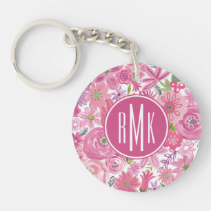 Monogram I Do Pink Watercolor Floral Pattern Keychain