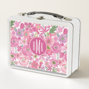 Monogram   I Do Pink Watercolor Floral Pattern Metal Lunch Box