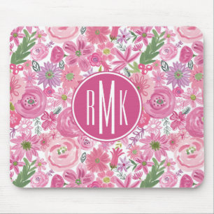Monogram I Do Pink Watercolor Floral Pattern Mouse Pad