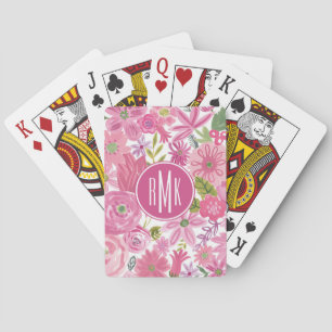 Monogram I Do Pink Watercolor Floral Pattern Playing Cards