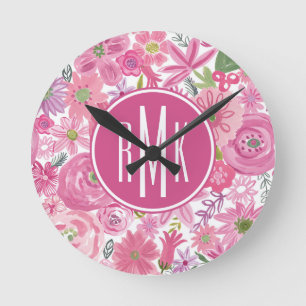Monogram I Do Pink Watercolor Floral Pattern Round Clock