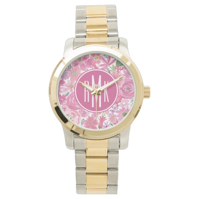 Monogram | I Do Pink Watercolor Floral Pattern Watch (Front)