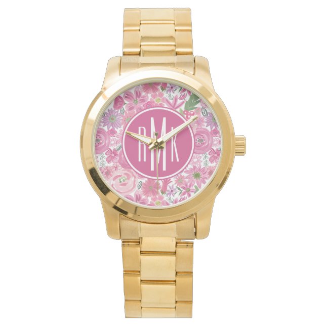 Monogram | I Do Pink Watercolor Floral Pattern Watch (Front)