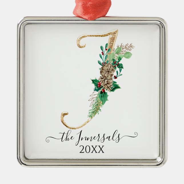 Monogram I Gold Glitter Pine Cone Holly Christmas Metal Ornament (Front)