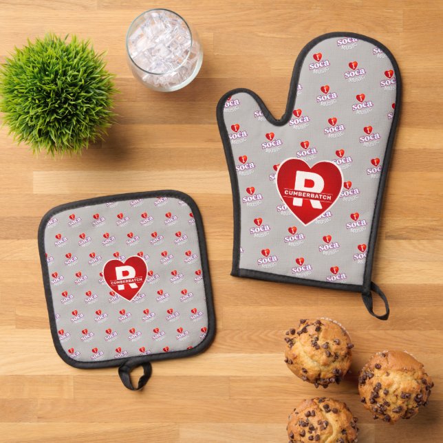 MONOGRAM I  LOVE SOCA on GREY Oven Mitt & Pot Holder Set (Top Down)