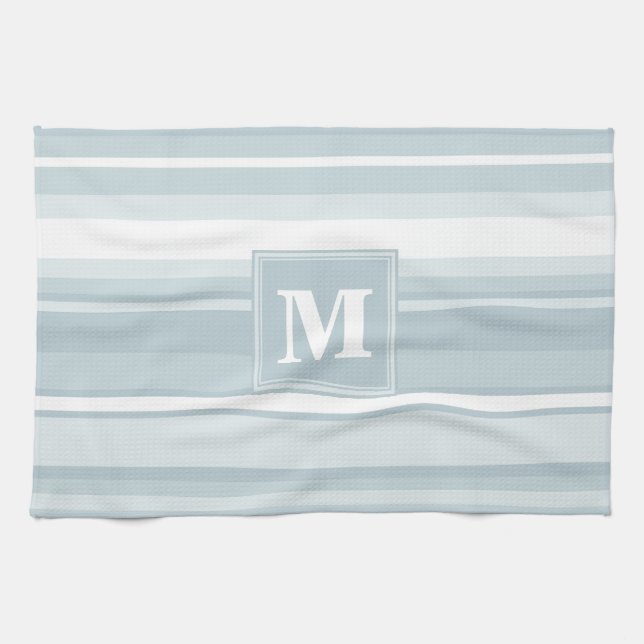 Monogram ice blue stripes kitchen towel (Horizontal)