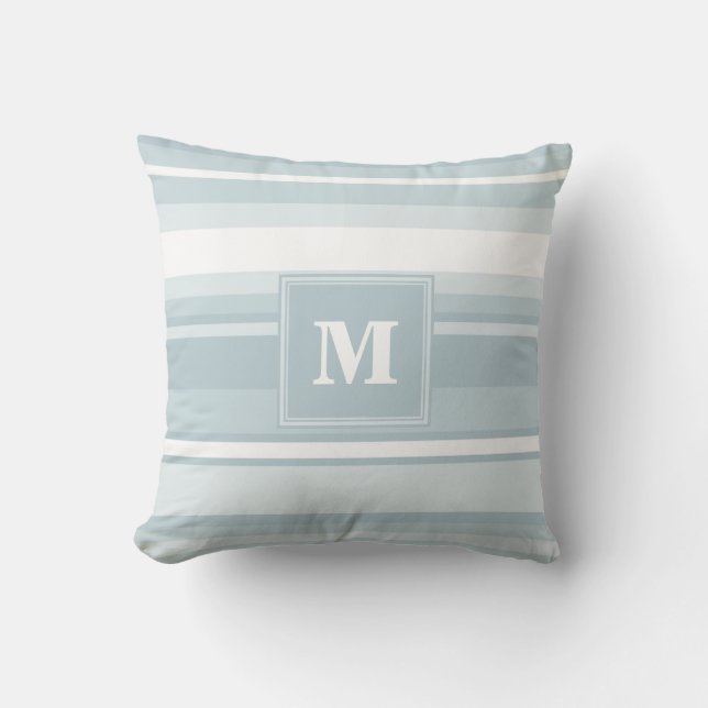 Monogram ice blue stripes throw pillow (Front)