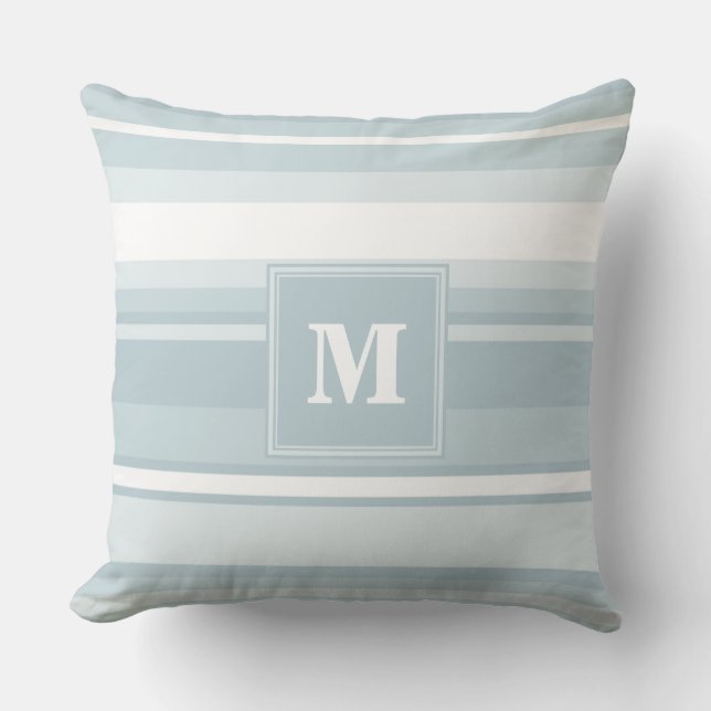 Monogram ice blue stripes throw pillow (Front)