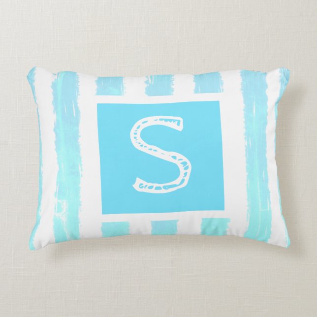 Monogram Ice Blue White Watercolor Stripes  Accent Pillow (Front)