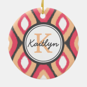 Monogram Ikat Diamonds Pattern Pink Grey Ceramic Ornament