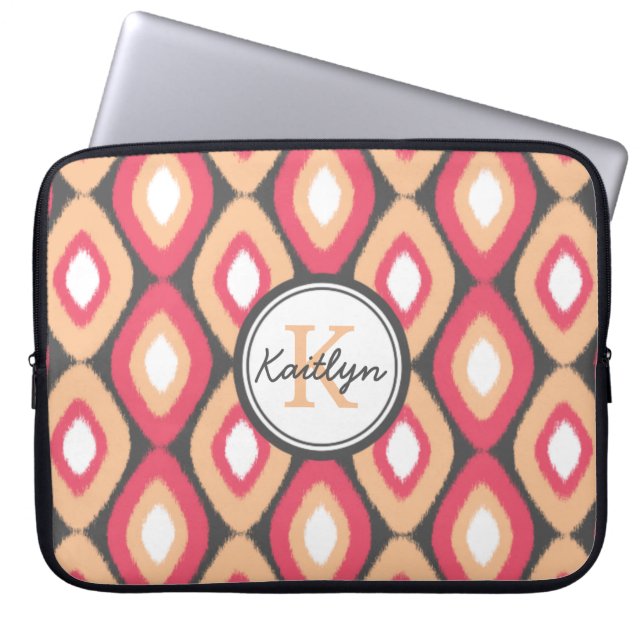 Monogram Ikat Diamonds Pattern Pink Grey Laptop Sleeve (Front)