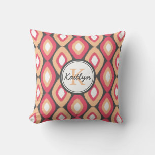 Monogram Ikat Diamonds Pattern Pink Grey Throw Pillow