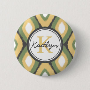 Monogram Ikat Diamonds Pattern Sage Yellow 2 Inch Round Button