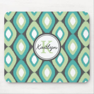 Monogram Ikat Diamonds Pattern Teal Mint Mouse Pad