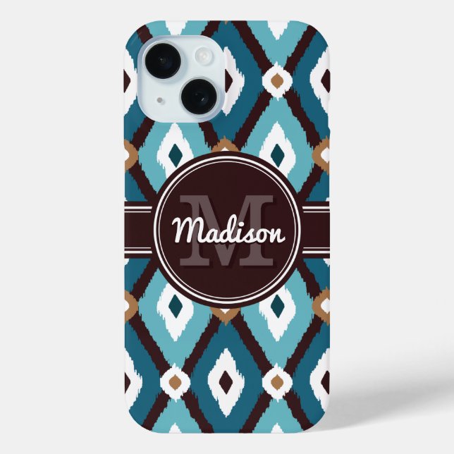 Monogram Ikat Pattern Blue and Brown Case-Mate iPhone Case (Back)