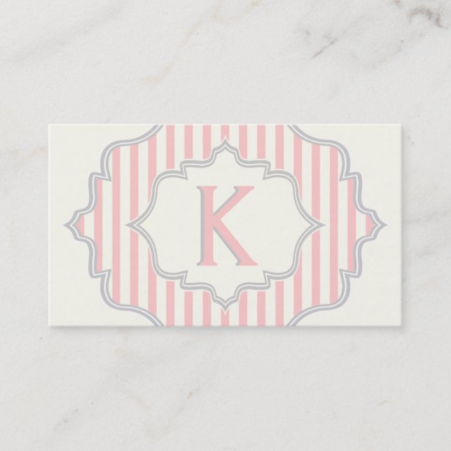 Monogram in a frame with pink, white stripes business card (Front)