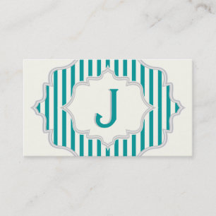 Monogram in a frame with teal, white stripes business card