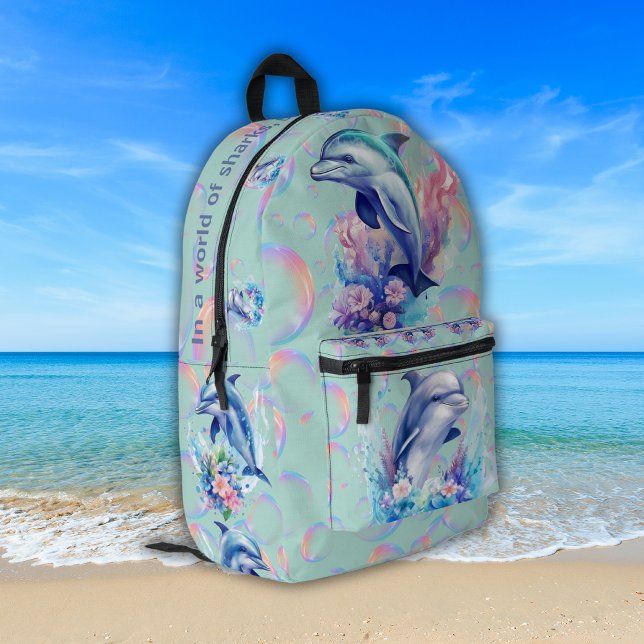 Monogram In a World of Sharks, Be a Dolphin Blue Printed Backpack (Creator Uploaded)