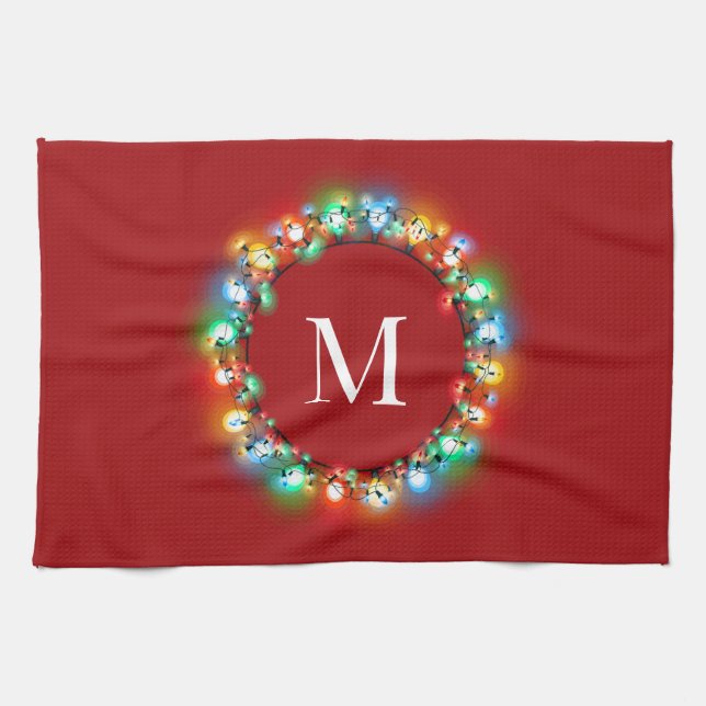 Monogram in Christmas Lights Circle Holiday Kitchen Towel (Horizontal)