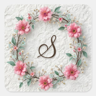 Monogram In Elegant Wreath On Lace Square Sticker