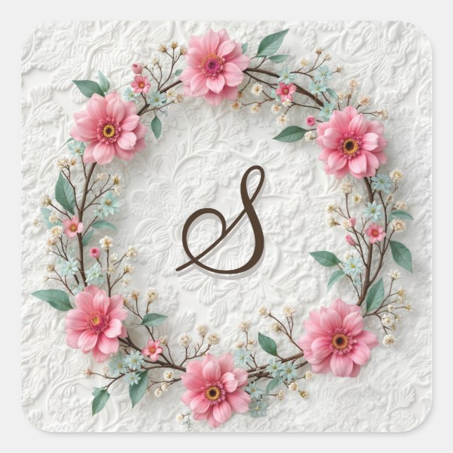 Monogram In Elegant Wreath On Lace Square Sticker (Front)
