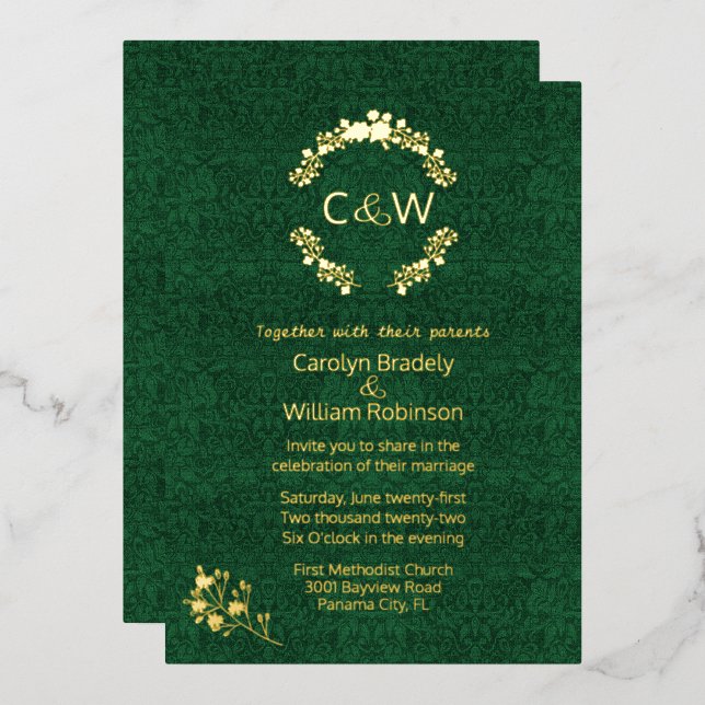 Monogram in Floral Wreath Green Damask Wedding   (Front/Back)