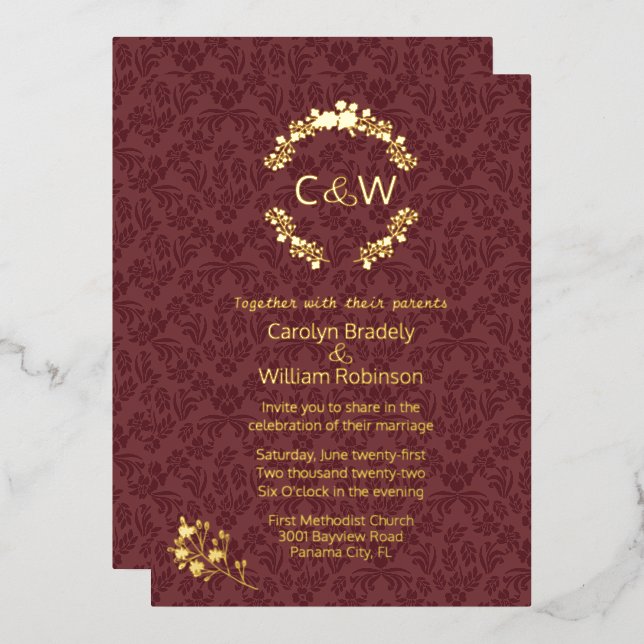Monogram in Floral Wreath Wine Damask Wedding (Front/Back)