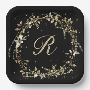 Monogram In Gold Glowing Wreath On Black Paper Plate