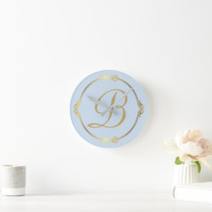 Monogram in gold with infinity circle on Blue   Round Clock