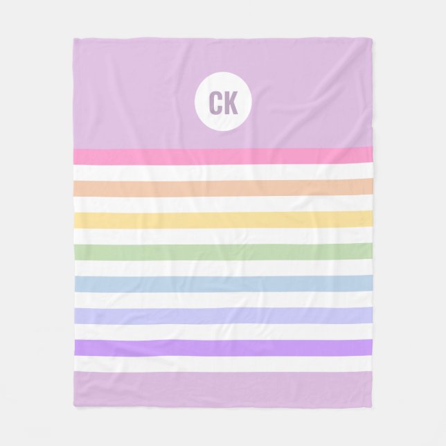 Monogram in White Circle Pastel Rainbow Stripes Fleece Blanket (Front)