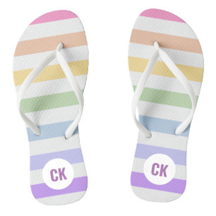 Monogram in White Circle Pastel Rainbow Stripes Flip Flops