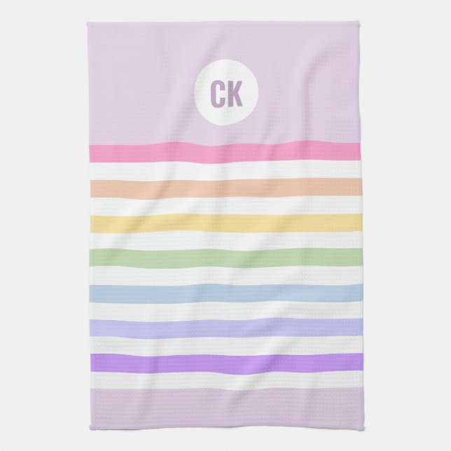 Monogram in White Circle Pastel Rainbow Stripes Kitchen Towel (Vertical)