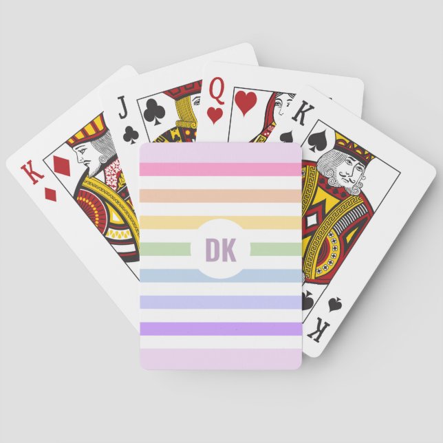 Monogram in White Circle Pastel Rainbow Stripes Playing Cards (Back)