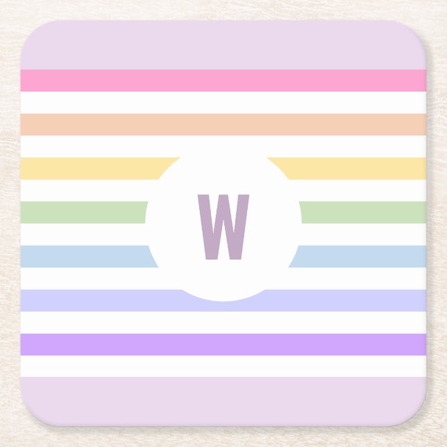 Monogram in White Circle Pastel Rainbow Stripes Square Paper Coaster (Front)