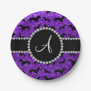 Monogram indigo purple glitter dachshund paper plate
