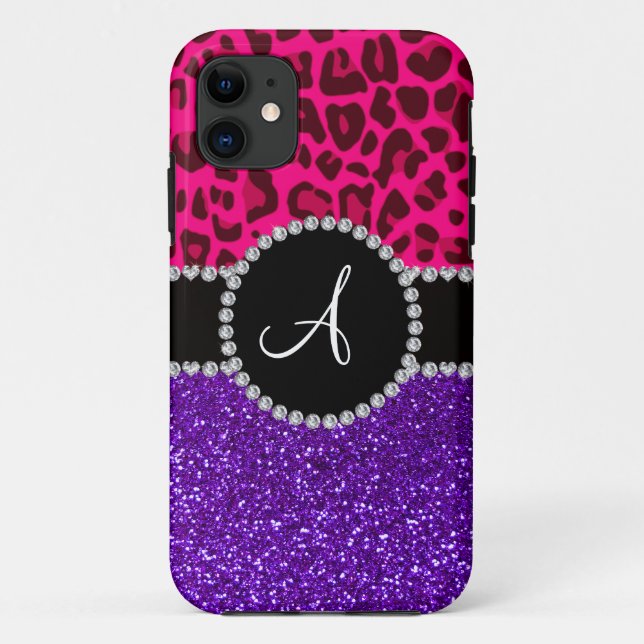 Monogram indigo purple glitter neon pink leopard Case-Mate iPhone case (Back)