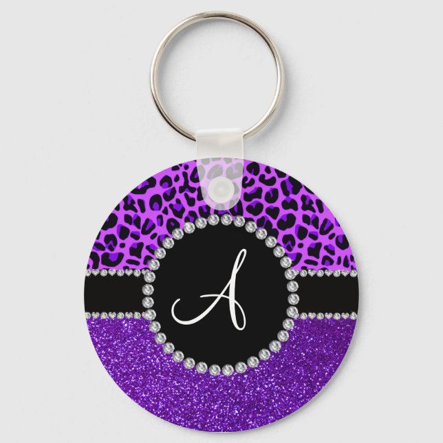 Monogram indigo purple glitter neon purple leopard keychain (Front)
