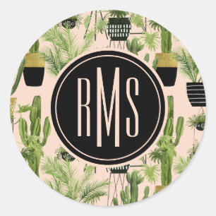 Monogram   Indoor Oasis   Plant Lineup Pattern Classic Round Sticker