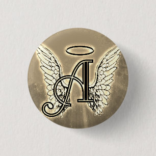 Monogram Initial A, Angel Wings Gold 1 Inch Round Button