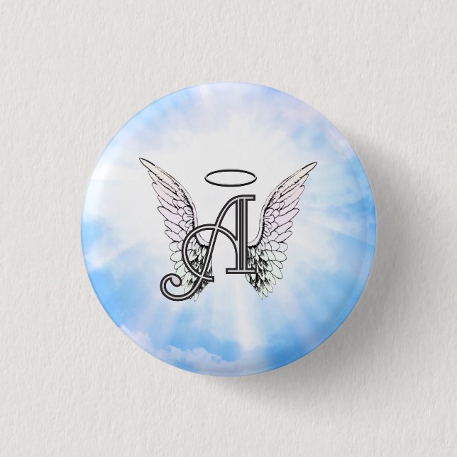 Monogram Initial A, Angel Wings & Halo w/ Clouds 1 Inch Round Button (Front)