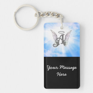 Monogram Initial A, Angel Wings & Halo w/ Clouds Keychain