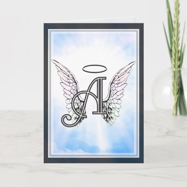 Monogram Initial A, Angel Wings & Halo w/ Clouds Note Card (Front)