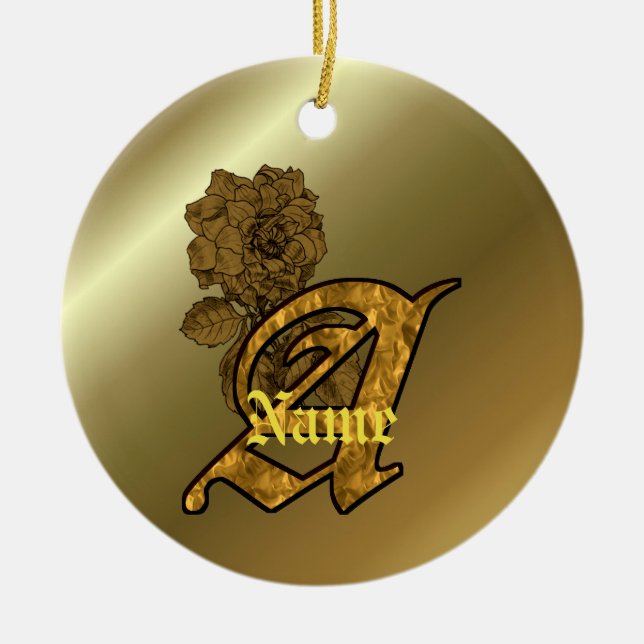 Monogram Initial A Elegant Gold Peony Personalized Ceramic Ornament (Front)