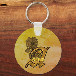 Monogram Initial A Elegant Gold Peony Personalized Keychain