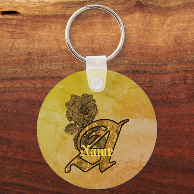 Monogram Initial A Elegant Gold Peony Personalized Keychain (Front)